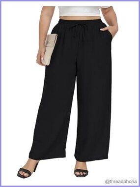 Plus Size Wide Leg Palazzo Pants Elastic Waist Drawstring Casual